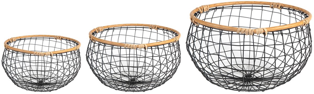 LOU metalen mand set van 3, rond, stevig - zwart/naturel. Met frame in rotanlook, ideaal voor badkamer, keuken of berging. Draadmand, organizer, opbergmand, voorraadmand, metalen mand - afbeelding boven