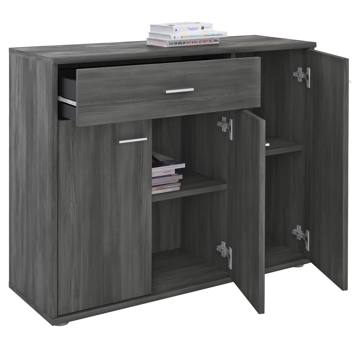 IDIMEX Sideboard ESTELLE met 3 deuren en 1 lade - grijs essenhout