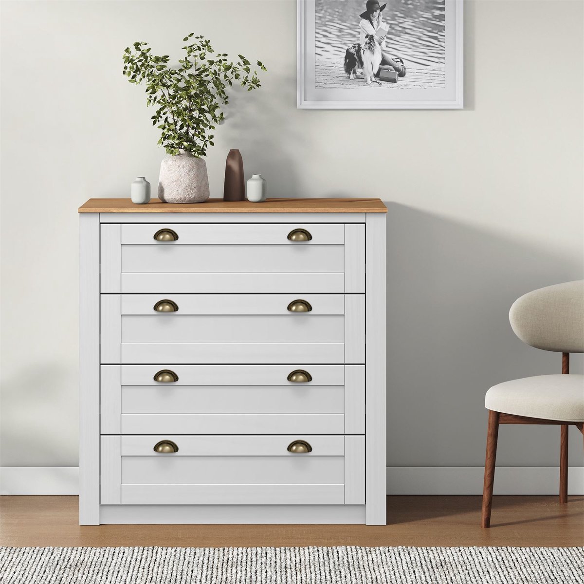 IDIMEX Commode BOLTON met 4 lades, grenenhout in wit/bruin