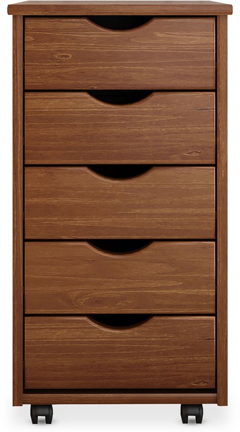 Tiroir roulant LAGOS, beau meuble de rangement de bureau en pin massif avec finition laquée couleur châtaigne, chariot pratique avec 5 tiroirs, bloc de tiroirs roulant avec 4 roulettes doubles