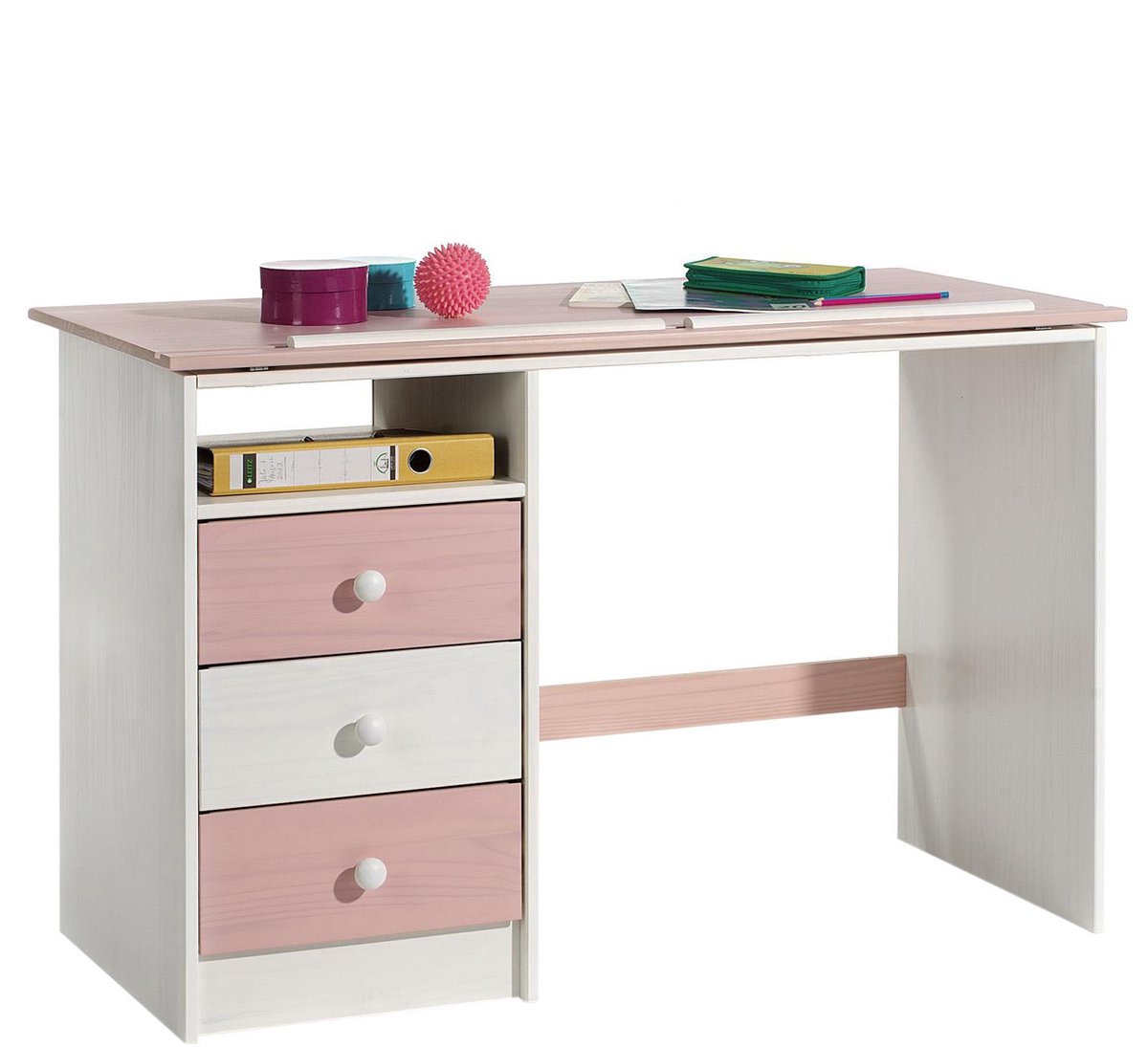 Kinderbureau KEVIN wit-roze, blad kantelbaar