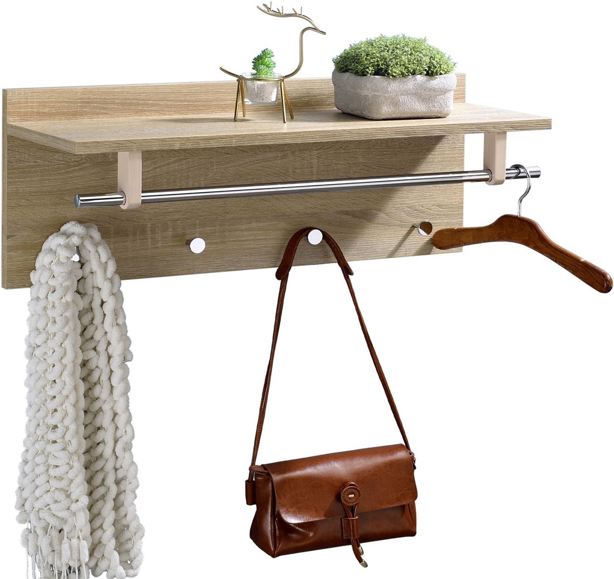 ULF garderobe met legplank, kledingstang en 4 jashaken, spaanplaat gelamineerd in Sonoma eik, verchroomde metalen onderdelen