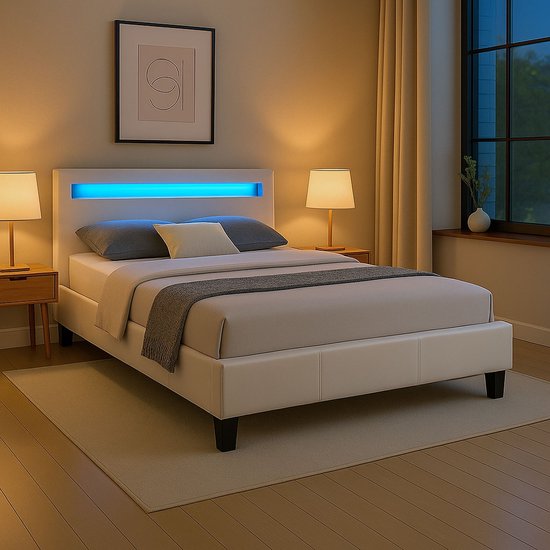 Wit kunstlederen tweepersoonsbed met blauwe led-verlichting in het hoofdbord, gedrapeerde deken.