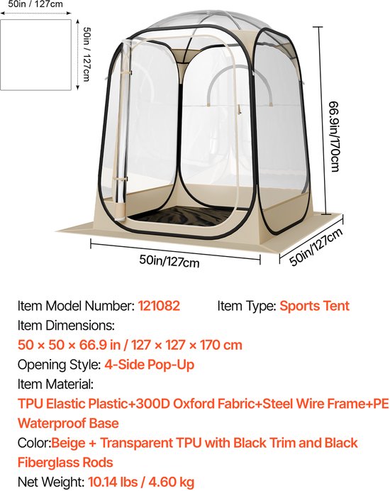 VEVOR Transparante tent, 127x127x170 cm, Pop-up tent voor 1-2 personen, sporttent met grondmat en bovenzeil, buitenbubbeltent, kampeerschuilplaats voor evenementen, vissen, feesten van Vevor — afbeelding 2