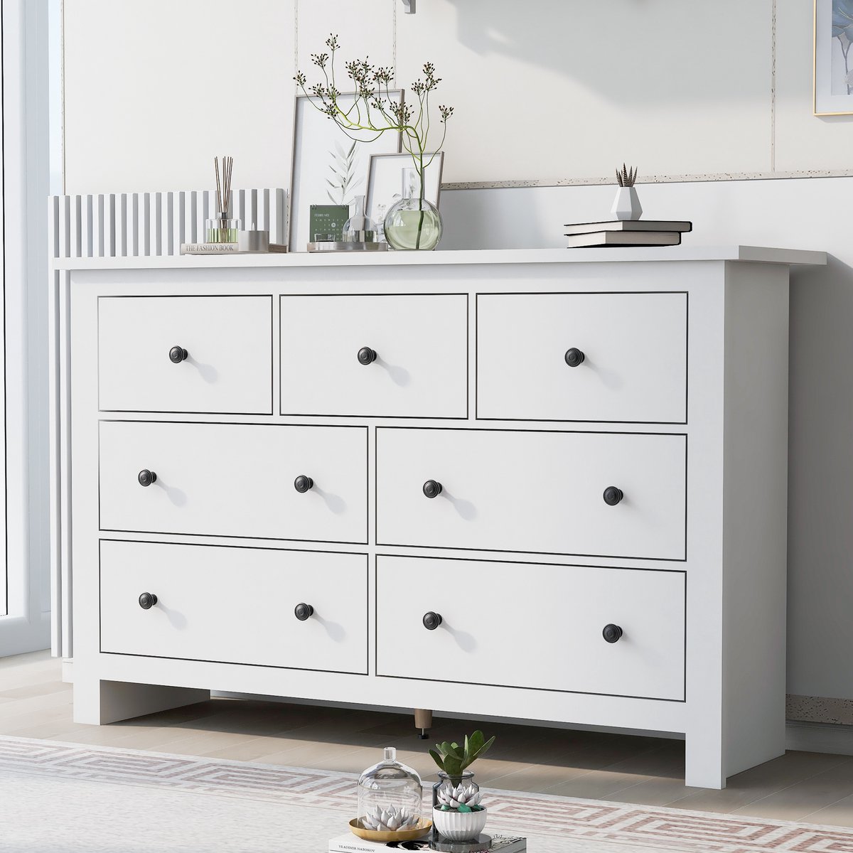 FloraGrace Dressoir - Modern Minimalistisch Met 7 Lades En Grote Opbergruimte - Voor Keuken Eetkamer Woonkamer En Hal - Spaanplaat Wit - 152x40x89 Cm