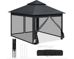 J&R Partytent - Feesttent - Paviljoen tent - Inklapbare partytent - Pop-up tent - Tuin tent - Buiten tent - Tuinluifel - Waterdicht - Afsluitbaar - Klamboe Zijkant - UV bescherming - Hoogte verstelbaar - 3x3 meter - Antraciet - Donkergrijs