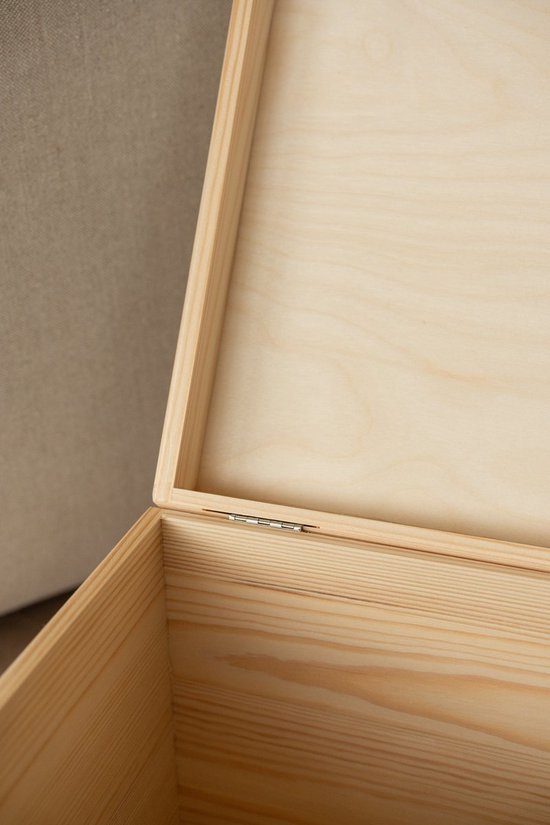 Detail van de scharnieren van een open houten kist, met zichtbare houtnerf.