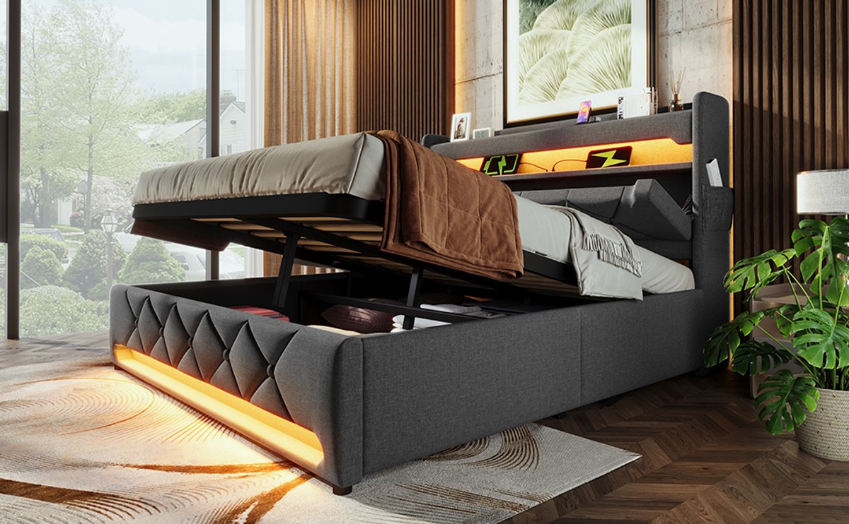 Wishdor Smart Opbergbed - Inclusief 7 Zones Matras - Hydraulische Lift en Hoofdbordkast - 360 Graden Bluetooth App LED en USB - Grijs Linnen - 160x200 cm
