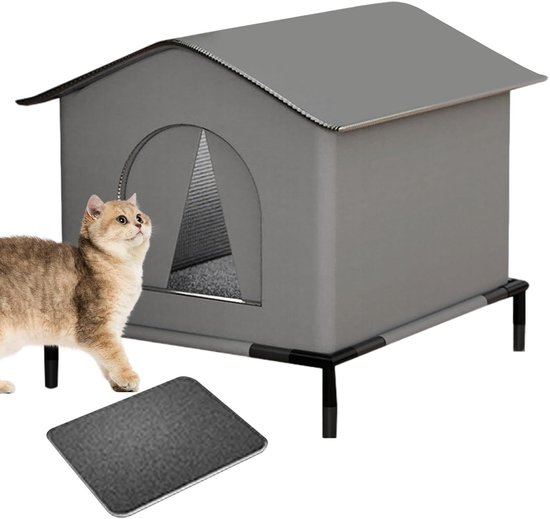 Outdoor Kattenhuis Winterhard - 42x42x42 cm - Waterdicht & Geïsoleerd - Verhoogde Bodem met Zacht Kussen - Kattenoverkapping & Schuilplaats - Grijs