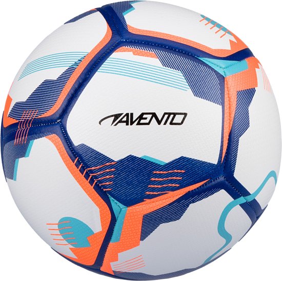 Ballon de football avec des panneaux blancs, bordés de coutures bleu foncé et du logo Avento. Motifs graphiques orange, bleu clair et bleu foncé.