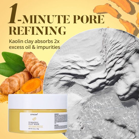Gele pot met 1-Minute Pore Refining Turmeric Clay Mask. Kaolinklei absorbeert olie en onzuiverheden. Kurkuma en gedroogde wortels op de achtergrond.