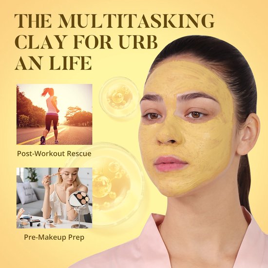 Model met geel kurkuma kleimasker op gezicht. Kleine afbeeldingen: vrouw die rent, vrouw die make-up aanbrengt. 'The Multitasking Clay for Urb An Life'.