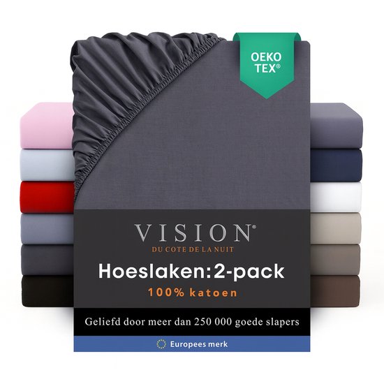 Stapel donkergrijze hoeslakens van 100% katoen met Oeko-Tex certificering. "Hoeslaken: 2-pack".