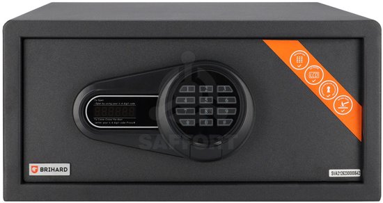 Zwarte Brihard kluis met digitaal codeslot en aan de rechterkant een oranje sticker met icoontjes. De kluis is gesloten.