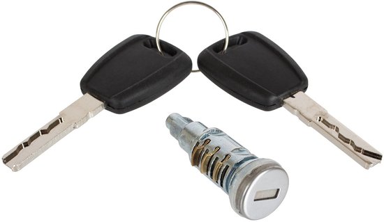Twee zwarte autosleutels met sleutelring en een zilverkleurige cilinderslot.