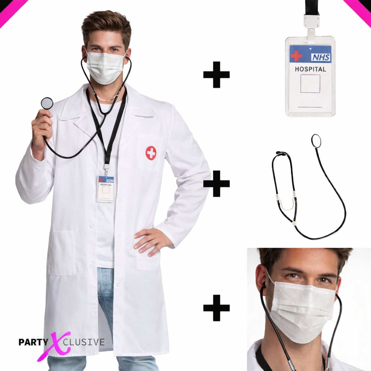 Partyxclusive 4-Delig Doktersjas Kostuum Heren Jas/Mondmasker/Stethoscoop/Keykord Lange Mouw Kostuum Heren Carnavalskleding Heren - Polyester - Wit - S/M