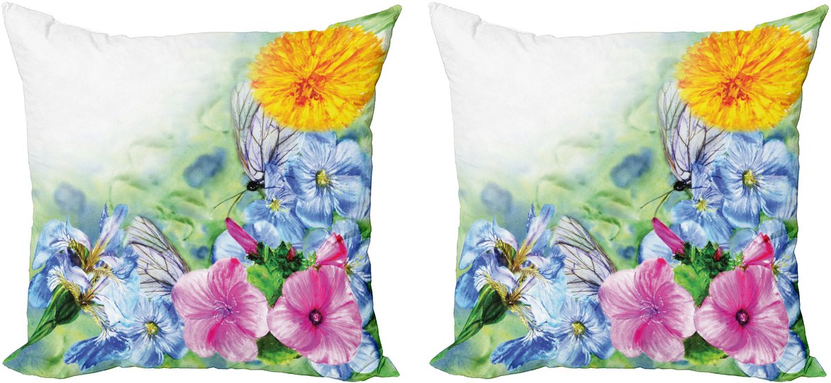 ABAKUHAUS Decoratieve kussenhoezen met bloemenprint, 2 stuks, Lentebloesem, 45x45 cm, Wit/meerkleurig