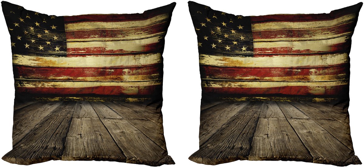 ABAKUHAUS Decoratieve kussenhoezen Verenigde Stat set van 2, vintage vlag van hout, 50x50 cm, crème en rood