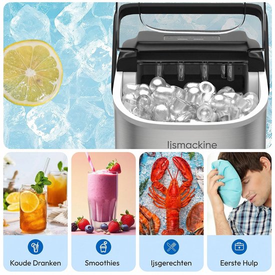 Loefme IJsblokjesmachine - 1.2 Liter - 12KG IJsblokjes in 24 uur - met IJsschep - Zelfreinigingsfunctie -Draagbaar - 9 Blokjes in 8 Minuten - RVS van Merkloos — afbeelding 5