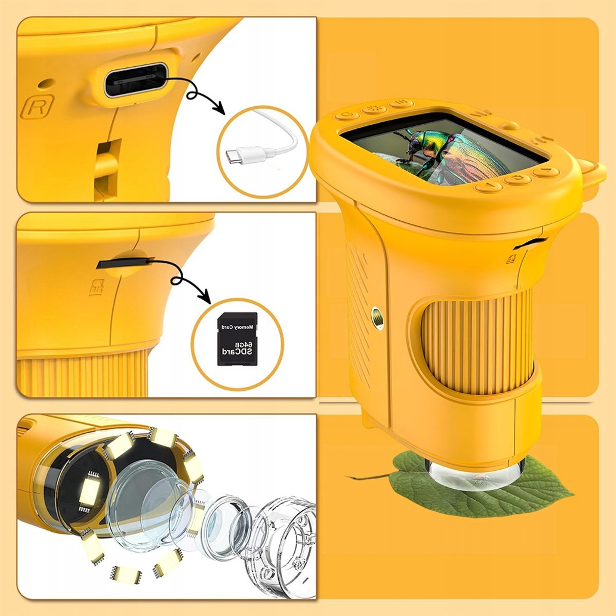 Kindermicroscopen - 1000x Digitale Kinder Microscoop - Geel - 8 LED-verlichting & 2MP Camera - Foto en Video Opname - 600mAh Oplaadbaar - Educatief & Wetenschappelijk Speelgoed voor Kinderen – foto 3