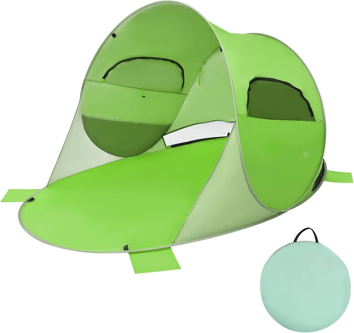 KOMFOTTEU Strandtent Pop-up strandtent voor 3-4 personen, tent met zonneklep, windscherm, gemakkelijk draagbaar met draagtas, zonnetent voor familie, strand, camping, gazon, tuin (groen)