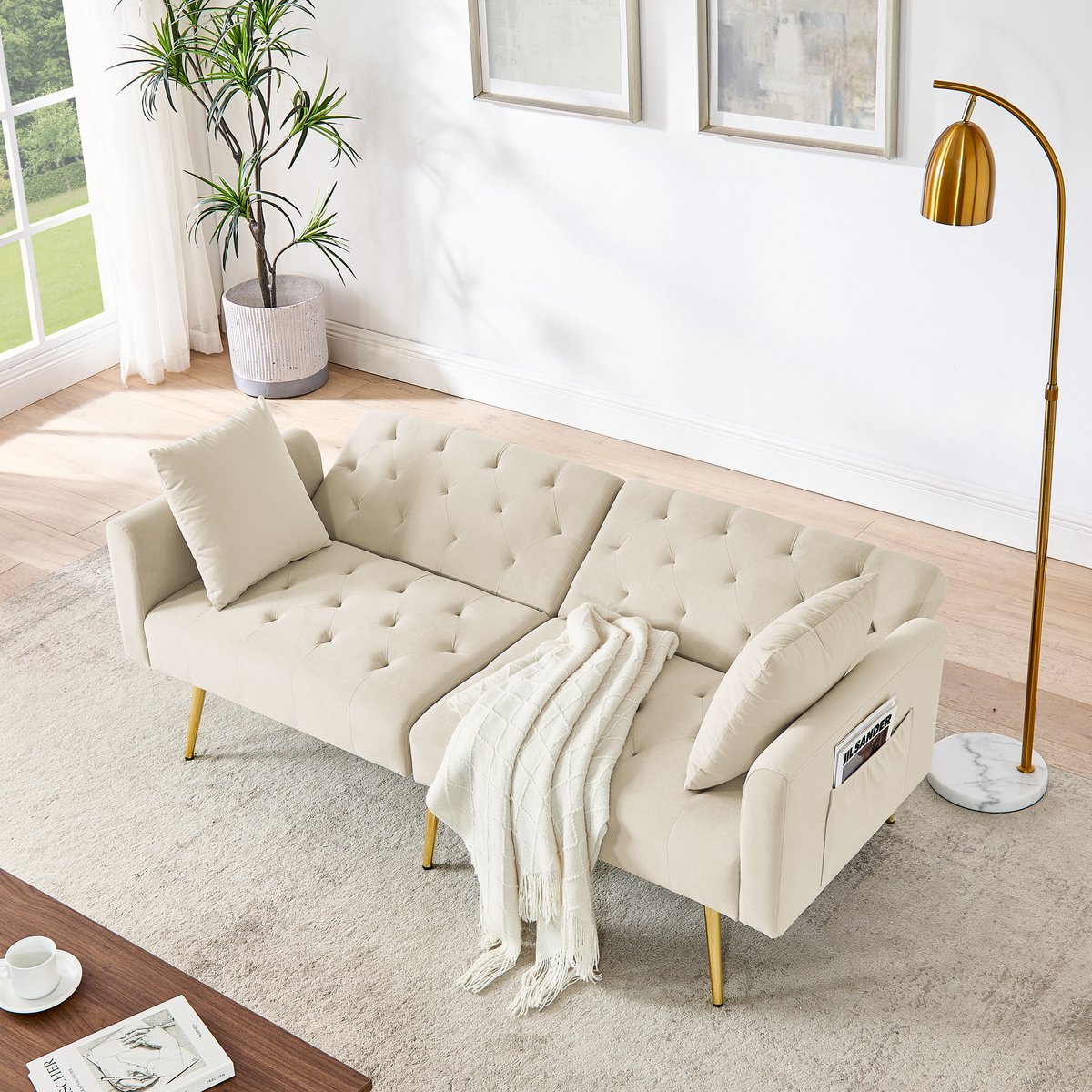 FloraGrace Slaapbank 177 x 78 x 74 cm - 2-Zits Met 3-Standen Verstelbare Rugleuning En 2 Kussens - Voor Woonkamer Of Klein Appartement - Fluweel - Beige