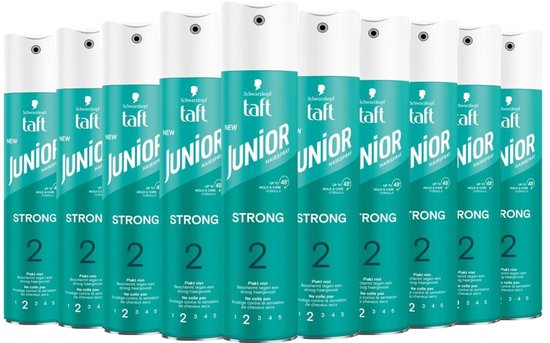 Rij van tien flacons Taft Junior Haarlak Strong, met groene en witte etiketten.