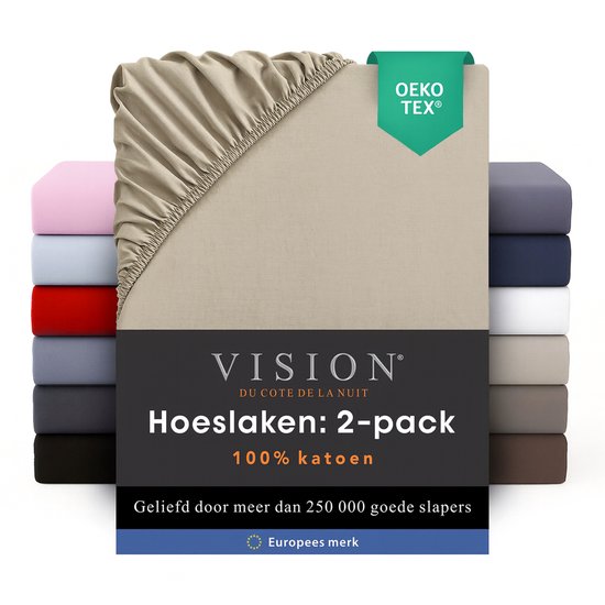 Beige hoeslaken met elastiek, opgestapeld met andere kleuren. Oeko-Tex certificaat. Titel: 'Hoeslaken: 2-pack 100% katoen'.
