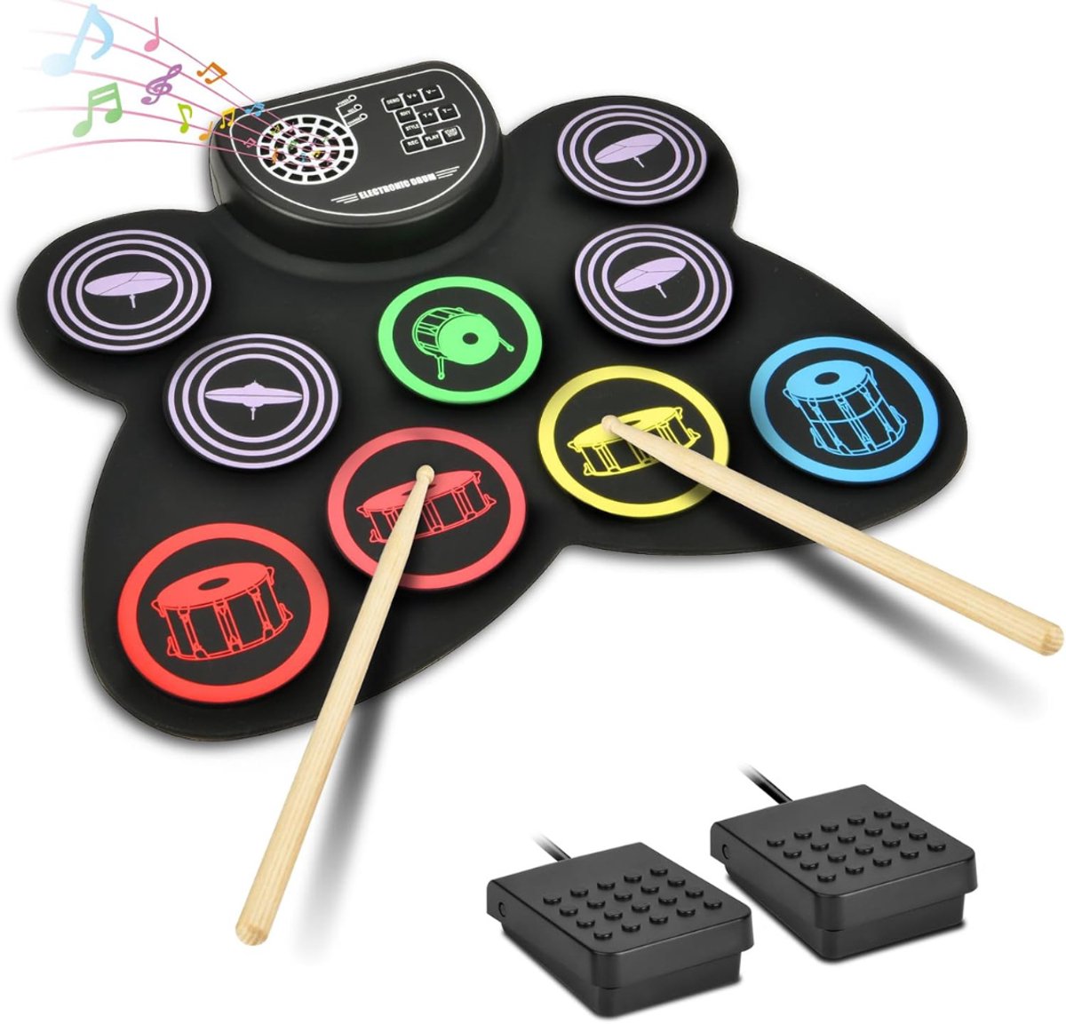 VIN® Elektrisch Drumstel met Drumstokken - Drumstel voor Kinderen of Volwassenen - Drumstel Elektronisch – Met 9 Digitale Drumpad - Met 2 Pedalen - Met Geïntegreerde Luidsprekers – Zwart