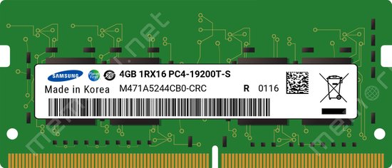 Groene RAM module met Samsung logo, 4GB 1RX16 PC4-19200T-S specificaties en barcode.