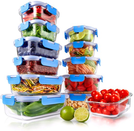 NutriChef Bacs hermétiques en verre – Ensemble de 12 pièces avec 12 couvercles hermétiques Convient pour les collations, les fruits et le stockage des aliments – Résistant au micro-ondes, congélateur et lave-vaisselle - bleu)