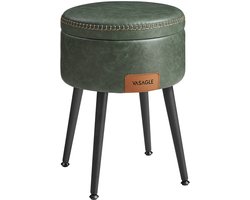 Furnstar EKHO Opbergpoef – Kruk voor Kaptafel of Voetenbank – Rond met Opbergruimte – PU met Stiknaden – Mid-Century Modern – Groen