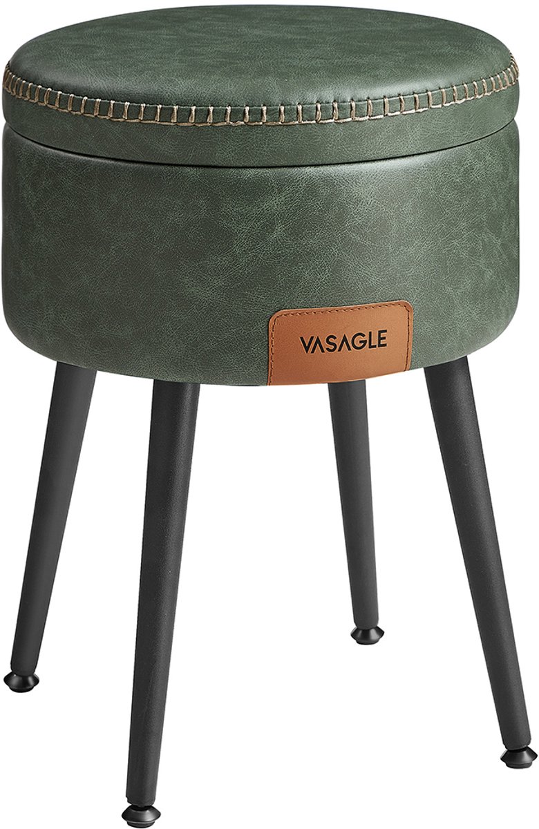 Furnstar EKHO Opbergpoef – Kruk voor Kaptafel of Voetenbank – Rond met Opbergruimte – PU met Stiknaden – Mid-Century Modern – Groen