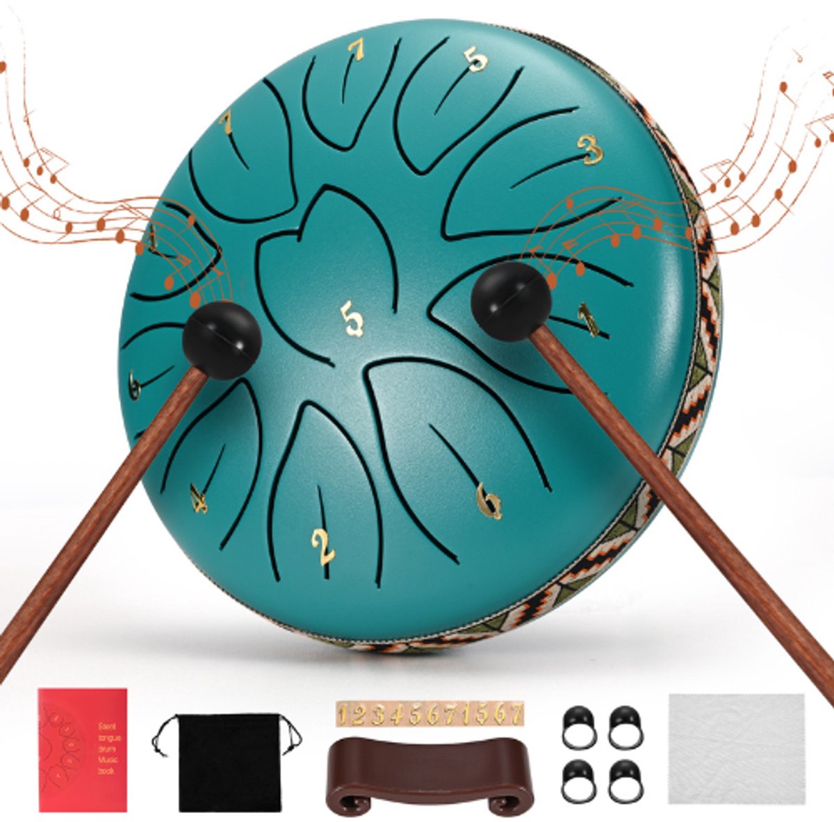 LabelOne Handpan - Tongue Drum - Handpan Drum - Steel Tongue Drum - 15.7cm doorsnede - 11 tonen - incl. accessoires - groen/blauw