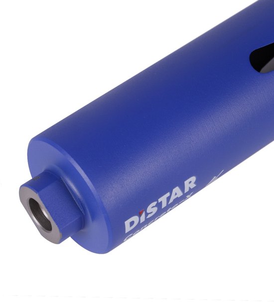 Blauwe kernboor met metalen schroefdraad aan het uiteinde en het Distar logo.