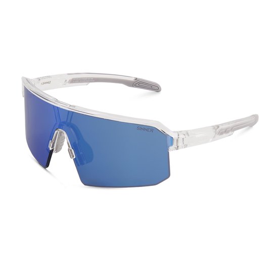 Transparante sportbril, van de zijkant gezien, met één groot, spiegelend blauw glas en zilverkleurige pootjes.