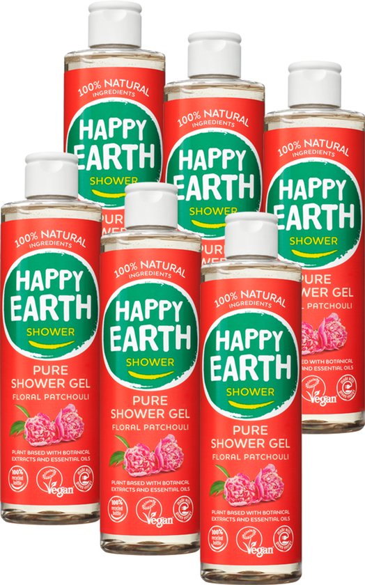 Happy Earth Douchegel Floral Patchouli - 100% Natuurlijk - Voordeelverpakking - 6 x 300 ml