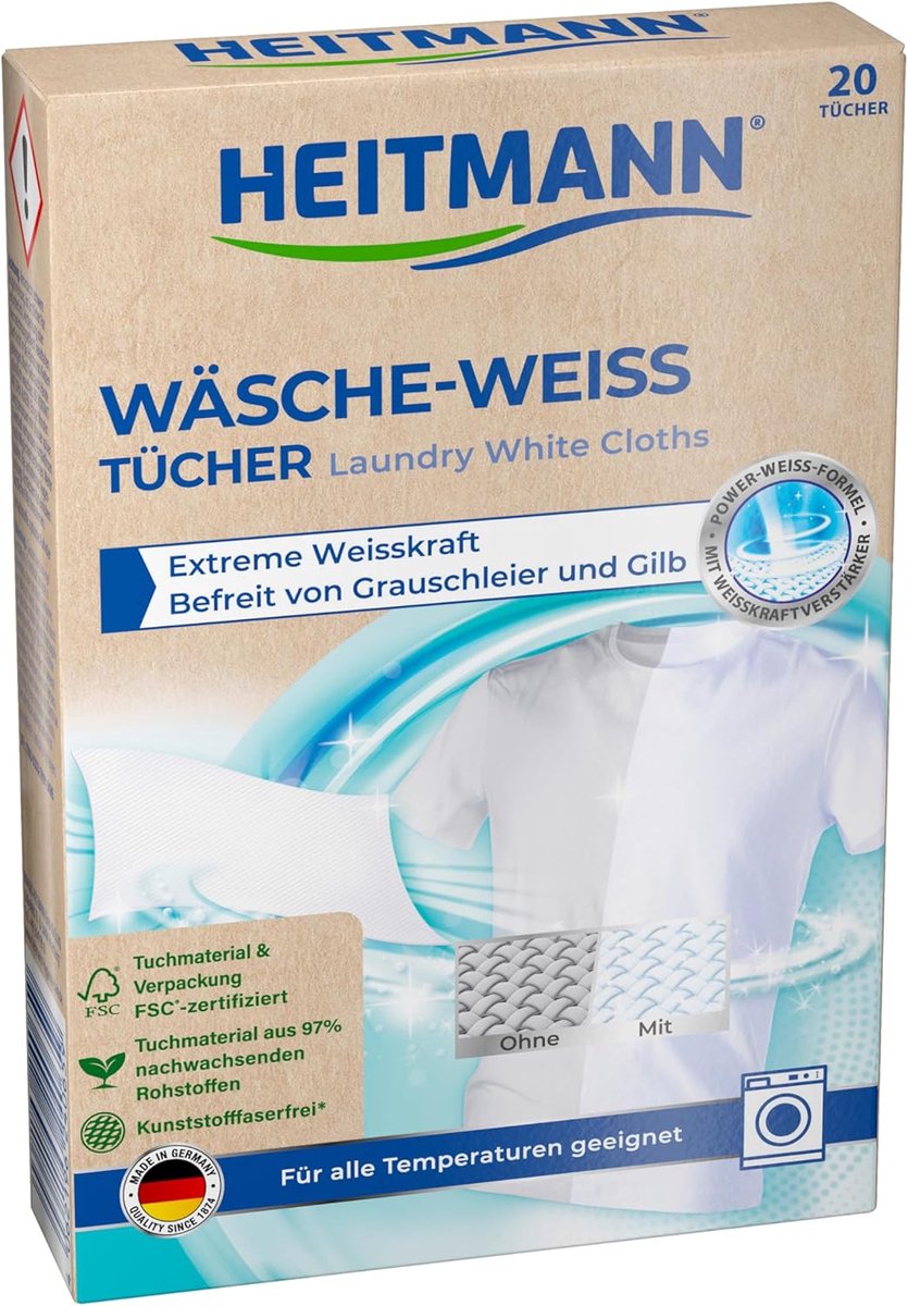 HEITMANN Witte Was Doekjes – Power White Formule – 20 Stuks – Voor Stralend Witte Was – Zonder Plastic Vezels