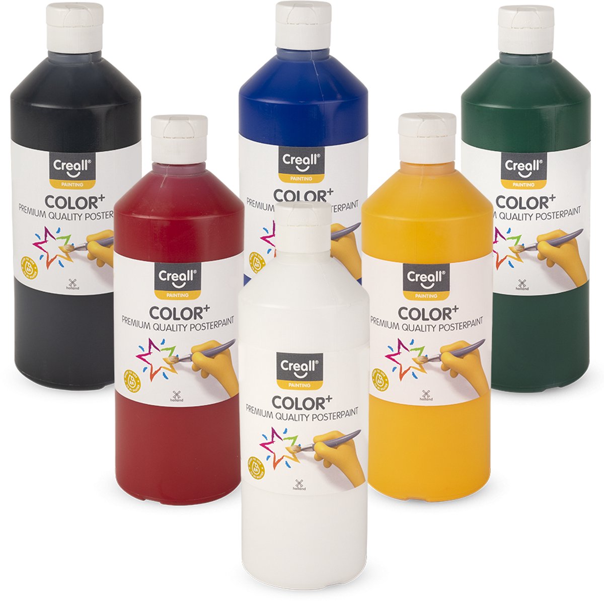 Creall Plakkaatverf - Color+ set 6 kleuren - 6x 500ML - hoogste kwaliteit premium plakkaatverf / schoolverf - Gemaakt in Nederland - professionele kwaliteit