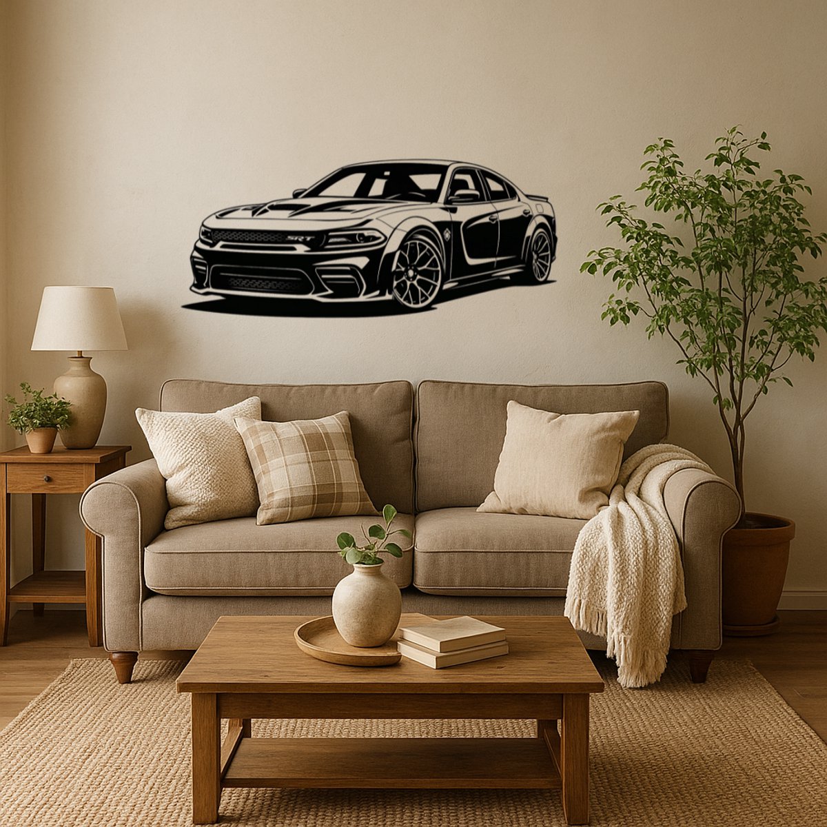 BR2Laser Dodge Charger Hellcat – Wanddecoratie – Lasergesneden Hout – Autokunst – 35 cm Breed