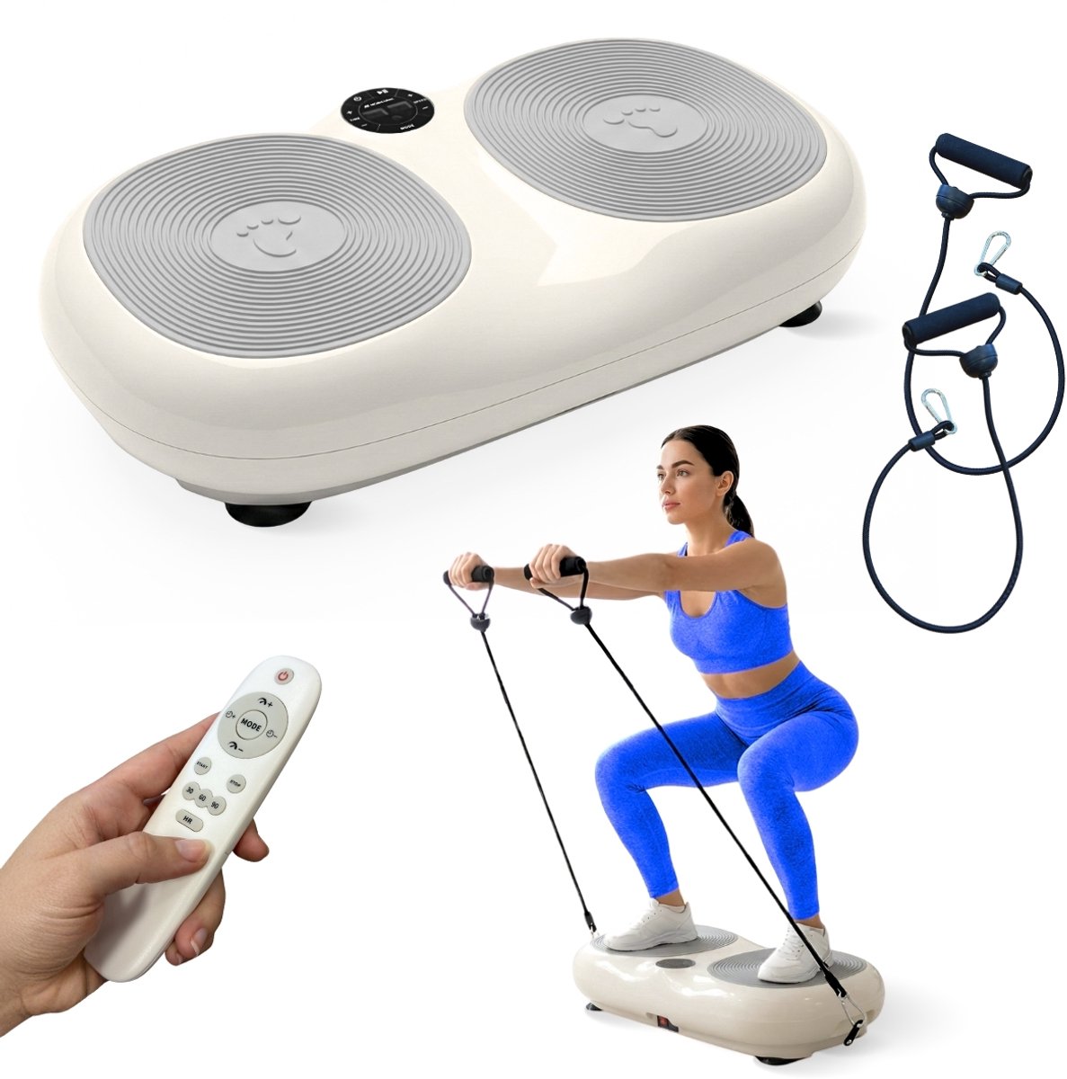 Mobiclinic Karol - Trilplaat - 99 snelheidsniveaus - Powerplate - 9 programma's - Met trainingsbanden - Tot 150 kg - 220 V - 50-60 Kz - Antislip - Scherm en afstandsbediening - Beige