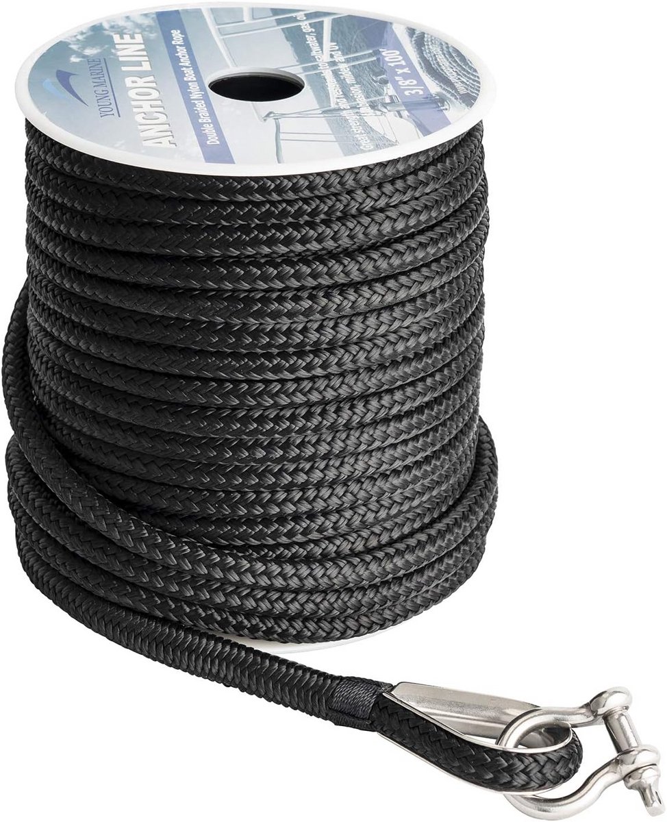 Dubbel Gevlochten Zwart Nylon Ankerlijn met Oog - 100ft of 150ft (3/8 Inch)