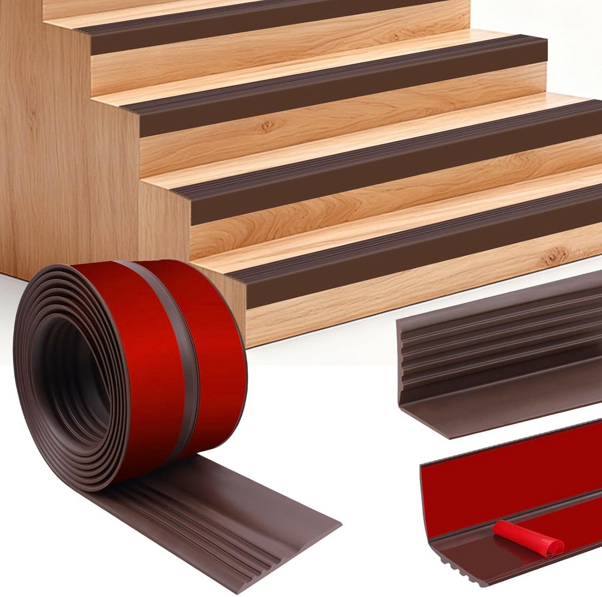 Zelfklevend Antislip Traprandprofiel Flexibel Vinyl Hoekprofiel voor Trappen (3m, Bruin)