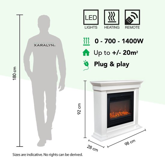 Afmetingen van de witte elektrische haard: 92 cm hoog, 98 cm breed, 28 cm diep. Met LED-verlichting, verwarming en afstandsbediening.