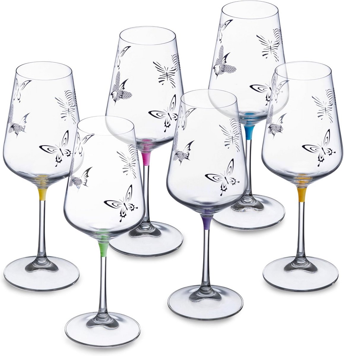 Set van 6 Kristallen Wijnglazen met Vlinderprint - Loodvrij en Kleurrijke Stelen - 475 ml