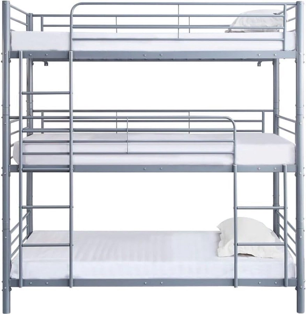 Grijs Metalen Stapelbed voor Drie Personen - 90x190 cm - Ruimtebesparend