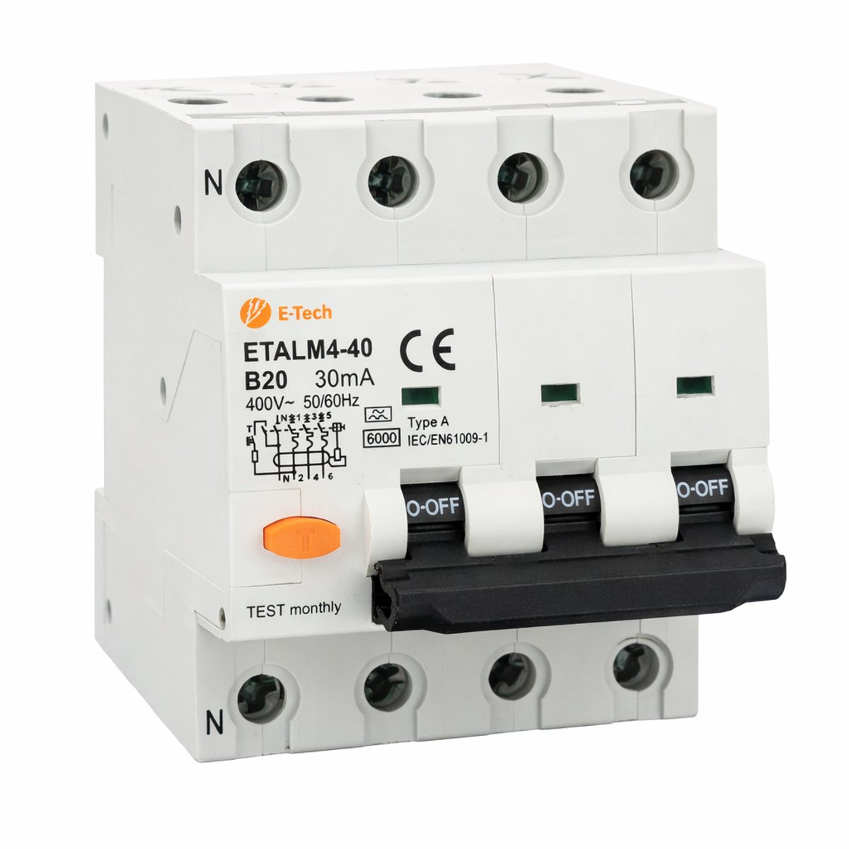 E-TECH Aardlekautomaat 20A – 3P+N – 30mA – Type A – B-karakteristiek – 400V