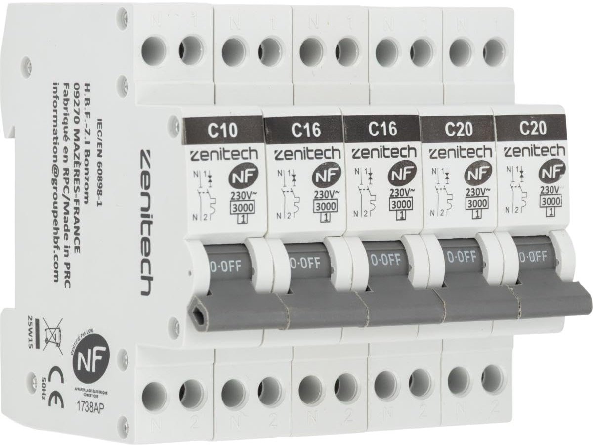 Set van 5 stroomonderbrekers (10A, 16A, 20A) voor elektrische installaties