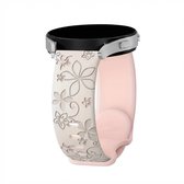 Een smartwatch met een tweerige band, wit met bloemen en effen roze.