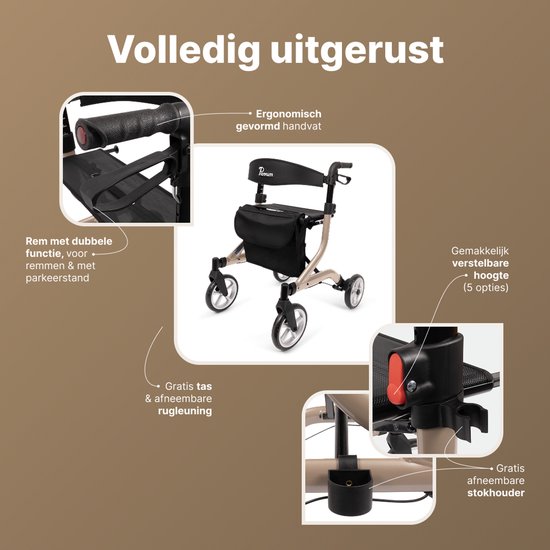 Champagnekleurige rollator met ergonomisch gevormde handvatten, tas, afneembare rugleuning en stokhouder. Rem met dubbele functie.